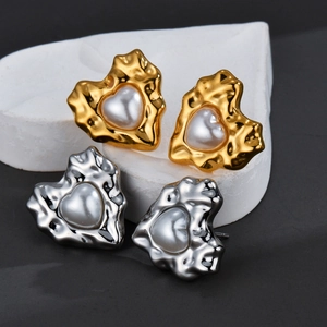 Heart Stud Earrings Stainless Steel With Heart Faux Artificial Pearl Irregular Hammered Lava Texture French Retro Style Women