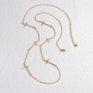 Minimalist 18K gold plated stainless steel long chain necklace with multiple cross pendants