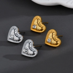Heart Stud Earrings Stainless Steel With Zircon Vintage Radial Texture Rope Border Elegant Trendy Jewelry For Women