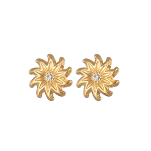 Golden stainless steel sunflower stud earrings with central cubic zirconia crystal