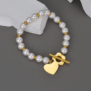 Bracelet En Künstliche Perles Acier Inoxydable Pendentif Cœur Fermoir Fleur Toggle Bijoux Élégants Style Français Femmes