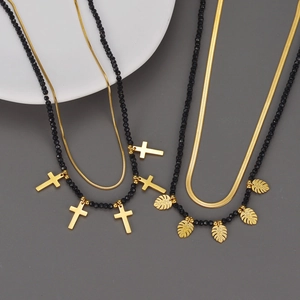 Layered Necklace Stainless Steel Black Beaded Chain Cross Monstera Leaf Pendants French Retro Elegant Jewelry For Women