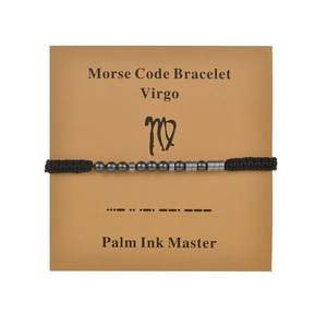 Handmade Virgo Morse code bracelet with stainless steel beads on black cord jewelry card