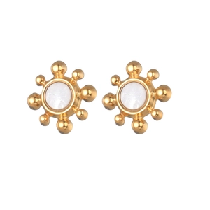Minimalist 18K gold sunburst stud earrings featuring central white mother of pearl inlay