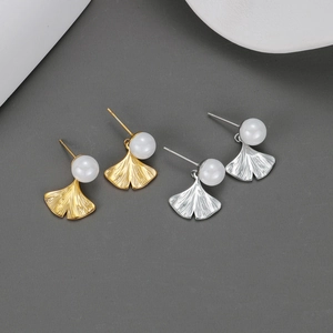 Ginkgo Leaf Stud Earrings With Artificial Pearl Stainless Steel Vintage French Niche Style Jewelry For Women