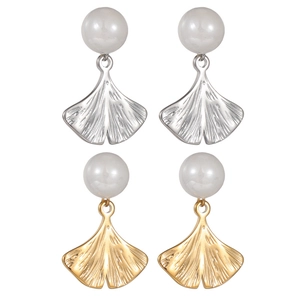 Ginkgo leaf pearl drop earrings in silver and gold plating on a clean white background