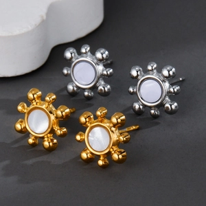 Sun Stud Earrings Stainless Steel 18K Gold Plated Mother Of Artificial Pearl Inlay Minimalist Geometric Style Jewelry For Women