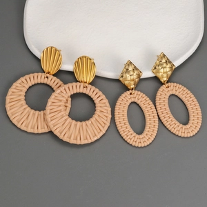 Rattan Woven Drop Earrings With Stainless Steel Earring Post Geometric Gold Tone Bohemia Beach Jewelry For Women