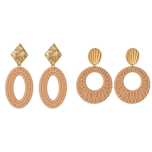 Ethnic boho hollow woven drop earrings with geometric gold textured metal accents