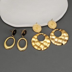 Stainless Steel Drop Earrings 18K Gold Plated Star Motif Hammered Round Hoop Geometric Jewelry For Women