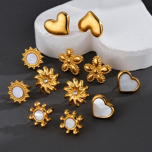 Stainless Steel Heart Sun Flower Earrings Shell Inlay Zircon Minimalist Geometric Jewelry Accessories For Women