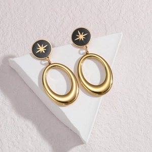 18K gold plated stainless steel hoop earrings with black enamel star stud detail