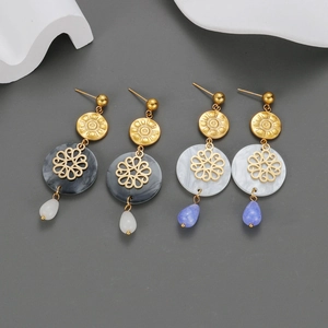 French Retro Baroque Flower Drop Earrings Stainless Steel Earring Post Gold Plated Marble Texture Teardrop Bead Women
