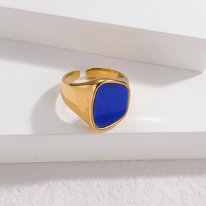 Bague ouverte en acier inoxydable doré 18K au design géométrique et incrustation bleue