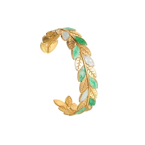 18K gold C-shaped titanium steel bracelet with green leaf design and enamel details