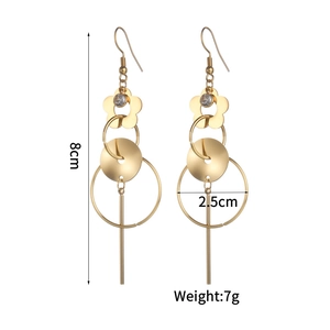 Detail view of 8cm gold floral drop earrings with geometric rings and dimensions