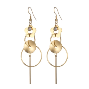 Gold stainless steel floral drop earrings with geometric rings and sparkling crystal studs