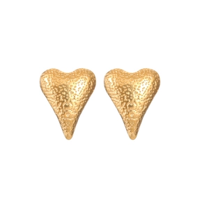 Textured gold heart stud earrings with minimalist hammered finish on white background