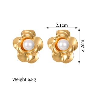 Detail view of camellia pearl earrings showing 2.1cm by 2.2cm dimensions and 6.8g weight