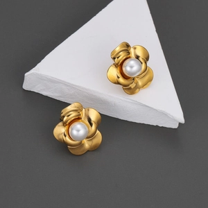 Camellia Flower Stud Earrings Stainless Steel With Artificial Pearl Gold Plated Elegant Vintage Floral Jewelry For Women