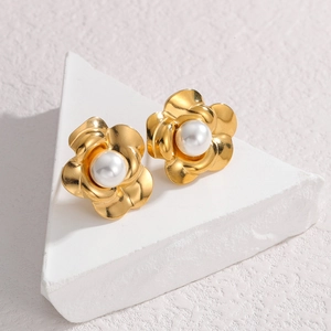 French vintage gold camellia flower stud earrings with elegant white pearl center
