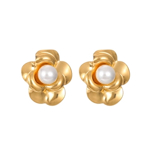 French vintage style gold camellia flower earrings with white pearl center for women