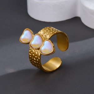 Stainless Steel Heart Open Ring Adjustable Hammered Texture Inlaid Iridescent Stones Trendy Jewelry For Women