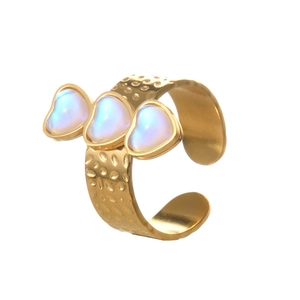 Hammered gold open ring featuring three iridescent heart-shaped moonstones for women
