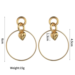 Detailed size view of triple-tiered gold heart earrings with 6cm length and 4.5cm ring