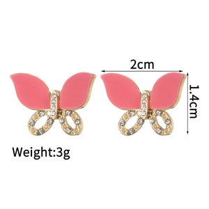 Macro detail of butterfly earrings with pink enamel, crystals and size dimensions