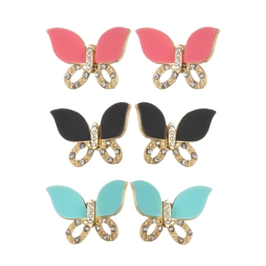 Three pairs of elegant butterfly stud earrings with rhinestones in pink, black, and blue