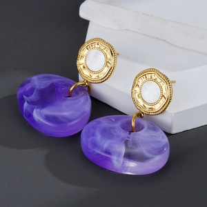 Geometric Drop Earrings Purple Resin Marble Texture Mother Of Artificial Pearl Gold Stainless Steel Earring Post Vintage Jewelry