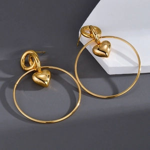 Large Hoop Earrings With Heart Pendant Gold Plated Stainless Steel Minimalist Geometric Trendy Jewelry For Women