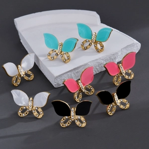French Style Butterfly Stud Earrings Stainless Steel With Enamel And Rhinestones For Women Elegant Fashion Jewelry