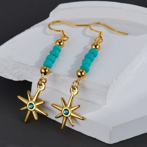 Orecchini Pendenti A Stella Ottagramma Bohemien In Acciaio Inossidabile Placcato Oro Con Perline Di Turchese E Strass Blu Per Donna