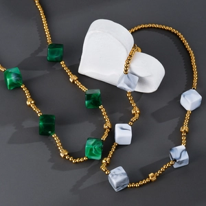 Geometric Square Cube Necklace Stainless Steel Gold Beaded Chain Marble Texture Pendant Clavicle Link For Women Minimalist