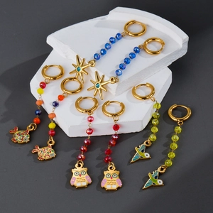 Stainless Steel Hoop Dangle Earrings With Colorful Crystal Beads Enamel Owl Bird Fish Star Charms For Women Bohemian Style