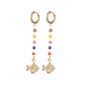 Colorful beaded drop earrings with vibrant enamel fish pendants on gold hoops