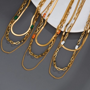 Mehrlagige Edelstahl Halskette Mit Bunten Zylindrischen Perlen Geometrische Gold Vergoldete Schlangenkette Modeschmuck Damen