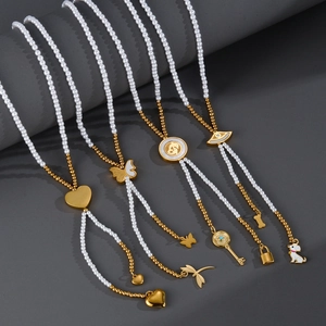 Collier Lariat En Acier Inoxydable Künstliche Perles Plqué Or Faux Künstliche Perle Cœur Papillon Chien Charme Bijoux En Forme De Y Pour Femme