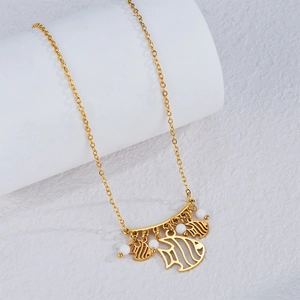 Golden stainless steel necklace featuring fish pendants and white pearls on round chain
