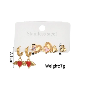 Detailed set of three stainless steel heart earrings with red and pink enamel motifs