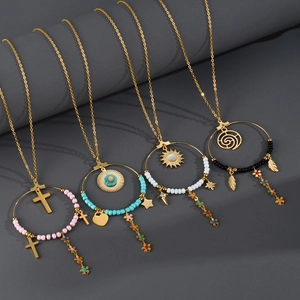 Bohemian Circle Pendant Necklace Stainless Steel Colorful Beads Cross Feather Flower Charms Ethnic Style For Women
