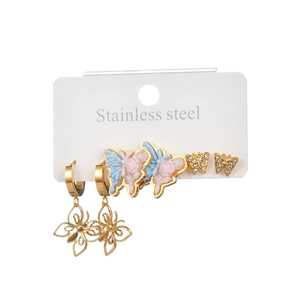 Three-piece stainless steel butterfly earring set with enamel and crystal studs