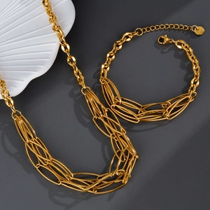Gold Plated Stainless Steel Necklace Bracelet Set Multi Layer Geometric Chain Industrial Punk Chic Minimalist Jewelry For Women