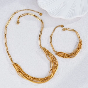 Multilayer gold stainless steel necklace and bracelet set with paperclip link design