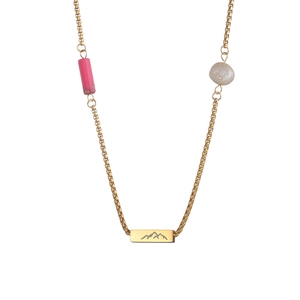 Gold box chain necklace with engraved mountain pendant, pink bead and pearl charms