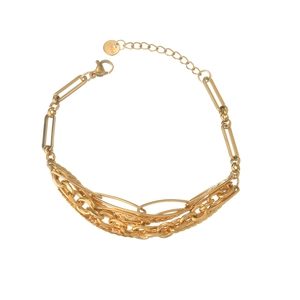 Gold multi-layer stainless steel Cuban and paperclip chain bracelet with logo charm