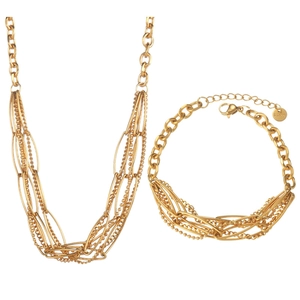 Close-up of golden multi-layer stainless steel necklace and bracelet set with S.steel tag