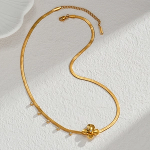 18K gold plated stainless steel flower pendant necklace with crystals on flat snake chain